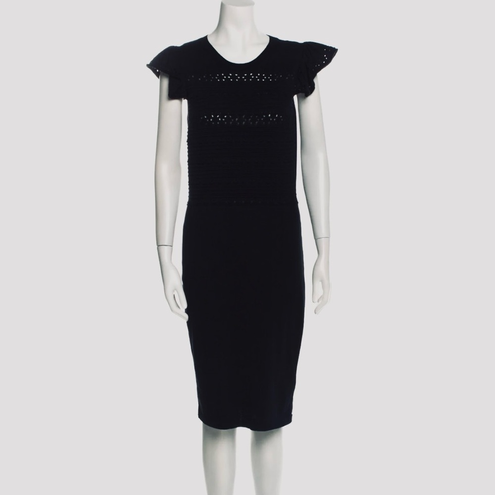 RED VALENTINO Knit Knee-Length Sheath Dress Ruffle Sleeves & Lasercut Accents